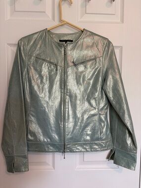 In Suede - Vintage Metallic Mint Green Leather Jacket - Women's